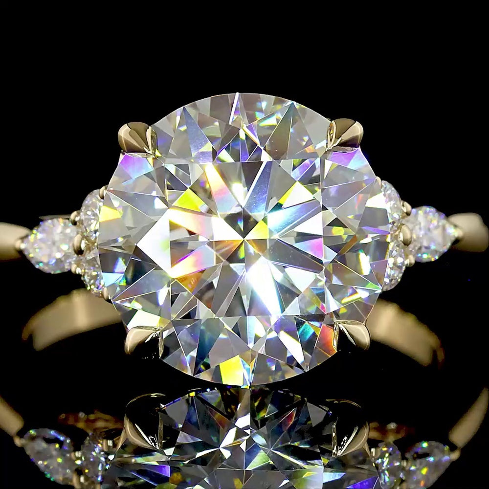 14K Yellow Gold Special Round Ring with 4.53 Carats Brilliant Cut Lab Diamond and Marquise Accent Diamonds - 4.78 Carats Total Diamond Weight - Covaloro Fine Jewelry