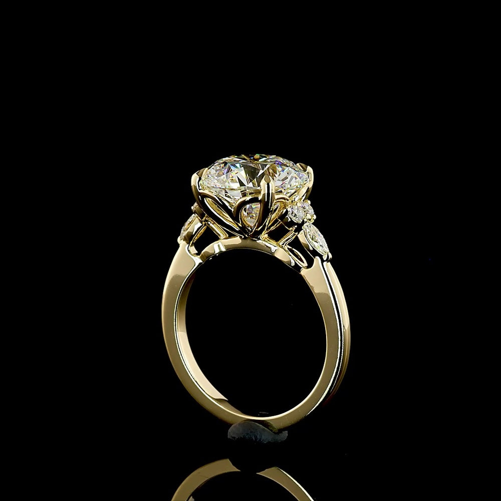 14K Yellow Gold Special Round Ring with 4.53 Carats Brilliant Cut Lab Diamond and Marquise Accent Diamonds - 4.78 Carats Total Diamond Weight - Covaloro Fine Jewelry