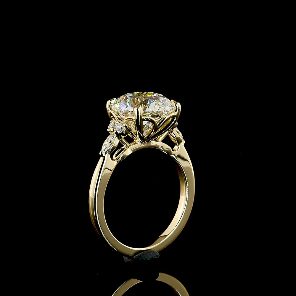 14K Yellow Gold Special Round Ring with 4.53 Carats Brilliant Cut Lab Diamond and Marquise Accent Diamonds - 4.78 Carats Total Diamond Weight - Covaloro Fine Jewelry