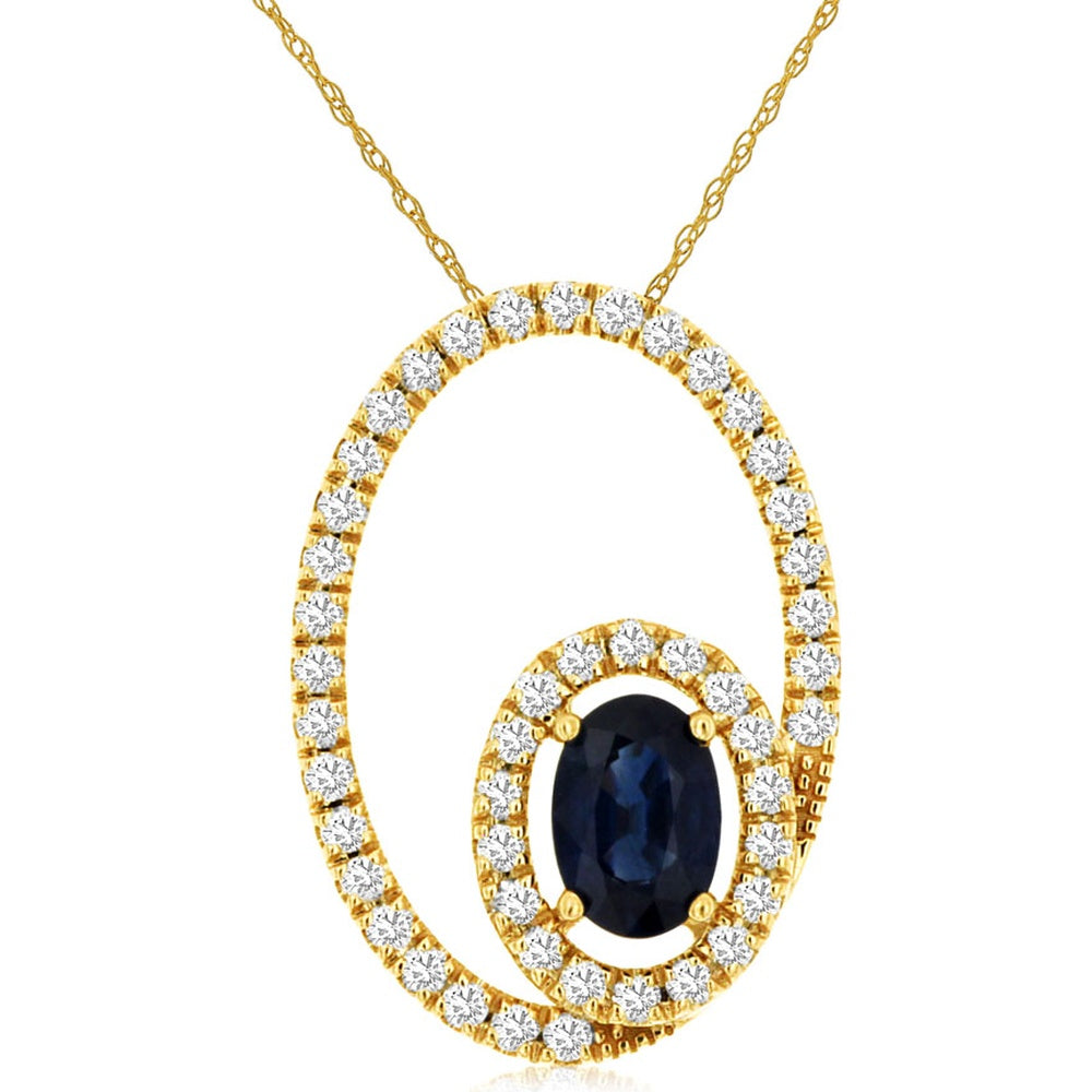 14K Yellow Gold Spiral Halo Pendant with Oval Sapphire and Prong-Set Round Diamonds - 0.65 Carat Sapphire and 0.33 Carat Total Diamond Weight - Royal Jewelry