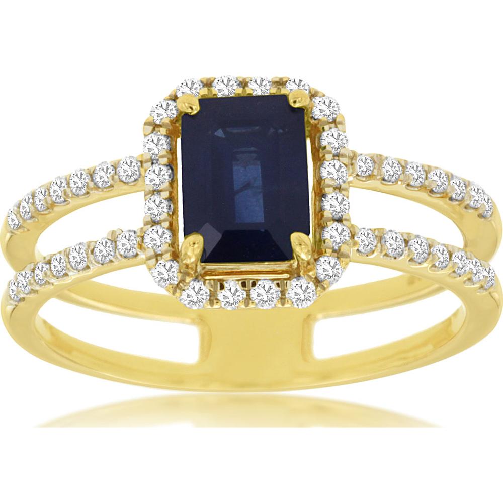 14K Yellow Gold Split Band Halo Ring with Emerald Cut Sapphire and Round Diamonds - 1.10 Carat Sapphire, 0.30 Carat Total Diamond Weight - Royal Jewelry