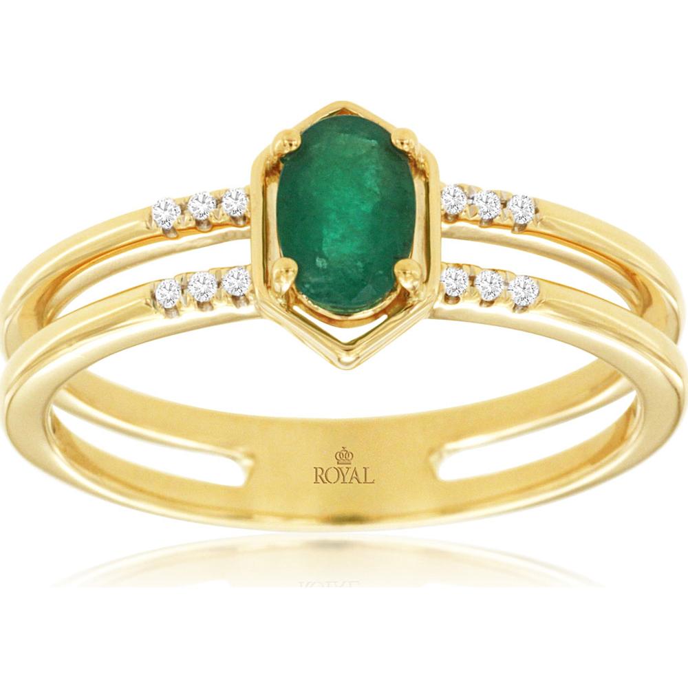 14K Yellow Gold Split Band Ring with Oval Emerald and Round Diamond Accents - 0.45 Carat Emerald and 0.04 Carat Total Diamond Weight - Royal Jewelry