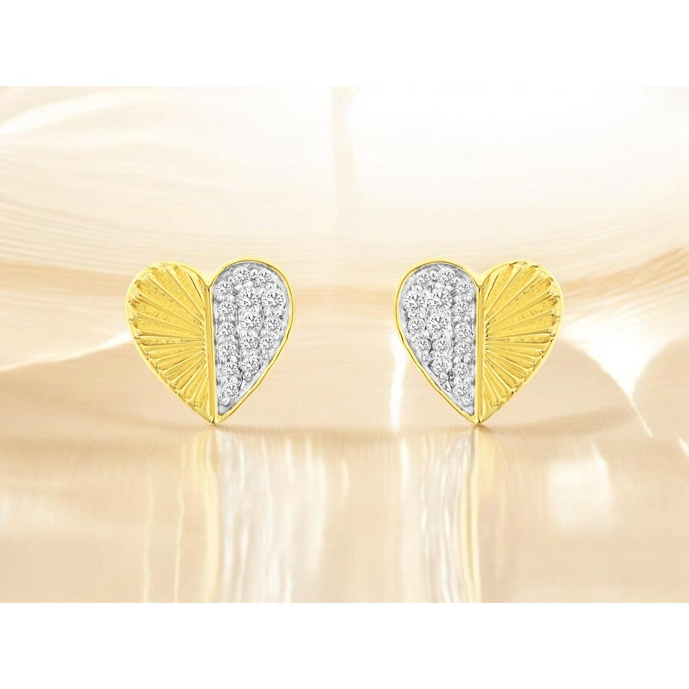 14K Yellow Gold Split Design Heart Stud Earrings with Pavé Set Round Diamonds - 0.10 Carat Total Diamond Weight - Royal Jewelry