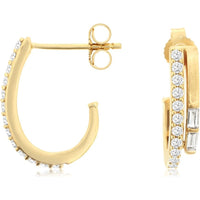 14K Yellow Gold Split-Design Hoop Earrings with Round and Baguette Diamonds - 0.40 Carat Total Diamond Weight - Royal Jewelry