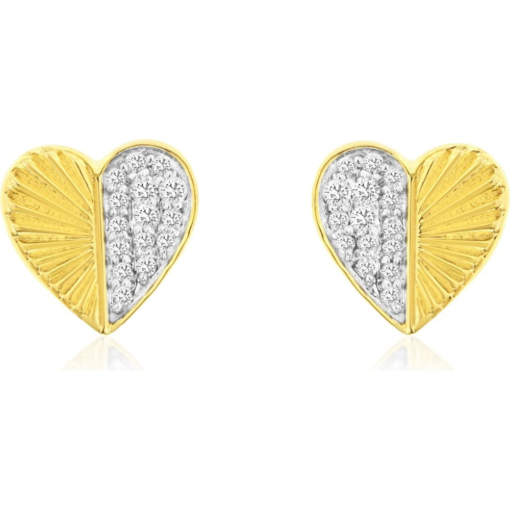14K Yellow Gold Split Heart Stud Earrings with Pavé Set Round Diamonds - 0.10 Carat Total Diamond Weight - Royal Jewelry