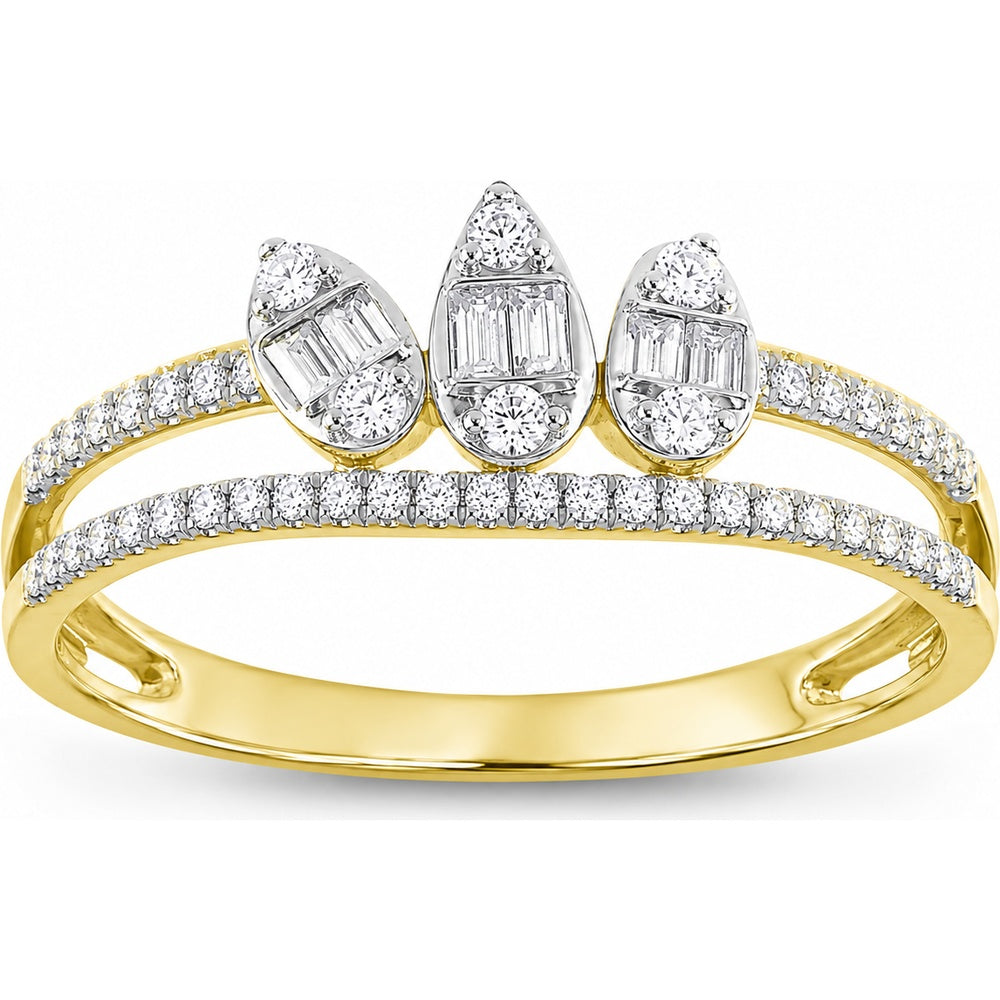 14K Yellow Gold Split Shank Fashion Ring with Pear-Shaped Baguette and Round Diamond Clusters - 0.35 Carat Total Diamond Weight by Auriventus