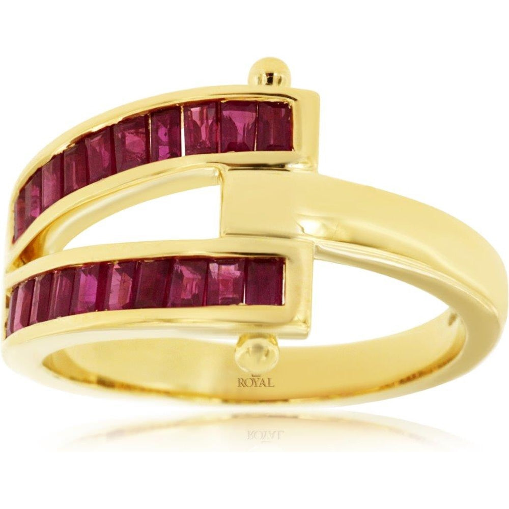 14K Yellow Gold Split Shank Geometric Ring with Channel-Set Baguette Rubies - 0.58 Carat Total Ruby Weight - Royal Jewelry