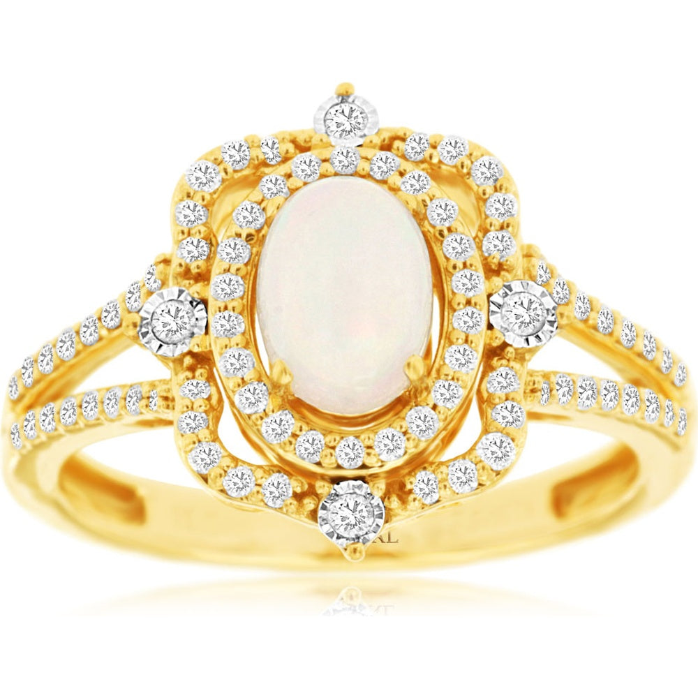 14K Yellow Gold Split Shank Halo Ring with 0.50 Carat Oval Opal and 0.33 Carat Round Diamonds - Royal Jewelry