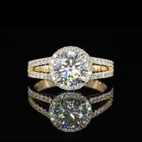 14K Yellow Gold Split Shank Halo Ring with 1.01 Carat Round Brilliant D VS1 Lab Diamond and 0.38 Carat Total Accent Diamonds - 1.39 Carat Total Diamond Weight - Covaloro Fine Jewelry
