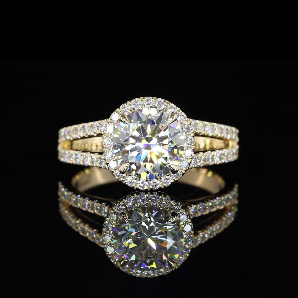 14K Yellow Gold Split Shank Halo Ring with 1.01 Carat Round Brilliant D VS1 Lab Diamond and 0.38 Carat Total Accent Diamonds - 1.39 Carat Total Diamond Weight - Covaloro Fine Jewelry