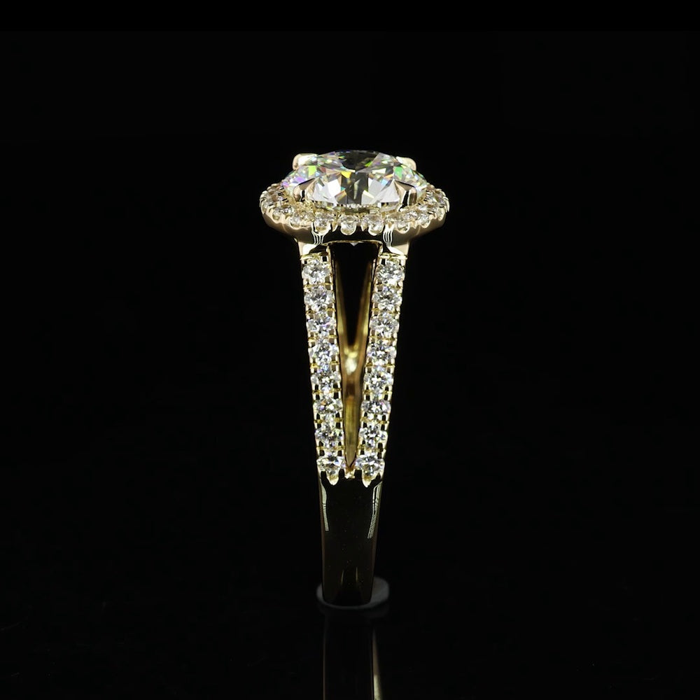 14K Yellow Gold Split Shank Halo Ring with 1.01 Carat Round Brilliant D VS1 Lab Diamond and 0.38 Carat Total Accent Diamonds - 1.39 Carat Total Diamond Weight - Covaloro Fine Jewelry