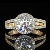 14K Yellow Gold Split Shank Halo Ring with 1.01 Carat Round Brilliant D VS1 Lab Diamond and 0.38 Carat Total Accent Diamonds - 1.39 Carat Total Diamond Weight - Covaloro Fine Jewelry