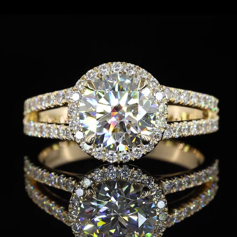 14K Yellow Gold Split Shank Halo Ring with 1.01 Carat Round Brilliant D VS1 Lab Diamond and 0.38 Carat Total Accent Diamonds - 1.39 Carat Total Diamond Weight - Covaloro Fine Jewelry