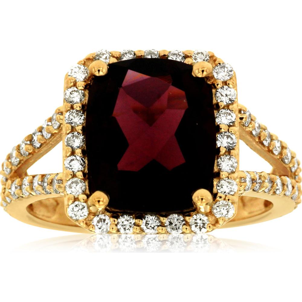 14K Yellow Gold Split Shank Halo Ring with Cushion Cut Garnet and Round Diamonds - 4.70 Carat Garnet and 1.00 Carat Total Diamond Weight - Royal Jewelry