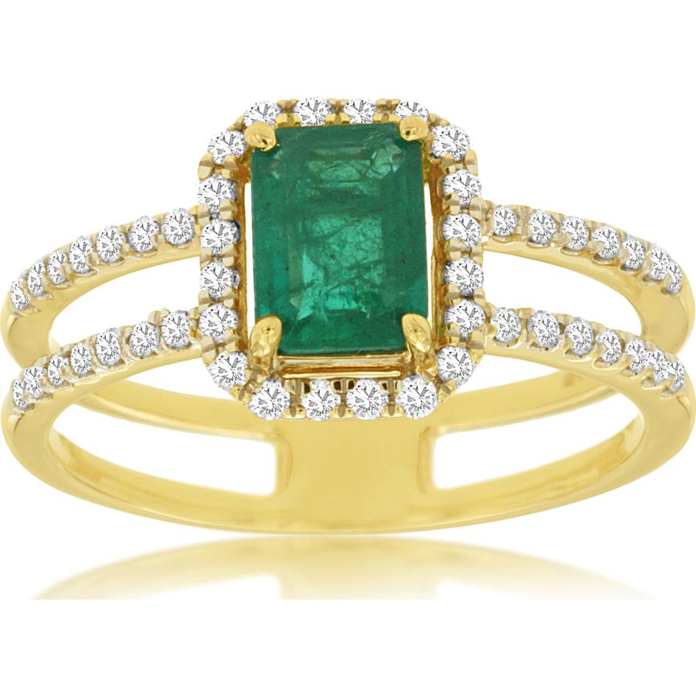 14K Yellow Gold Split Shank Halo Ring with Emerald Cut Emerald and Round Diamonds - 1.00 Carat Emerald, 0.30 Carat Total Diamond Weight - Royal Jewelry