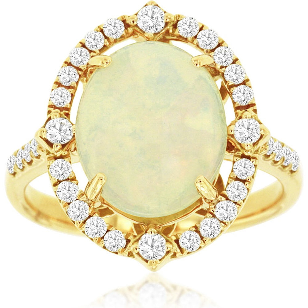 14K Yellow Gold Split-Shank Halo Ring with Oval 3.00 Carat Opal and Round Diamond Accents - 0.33 Carat Total Diamond Weight - Royal Jewelry