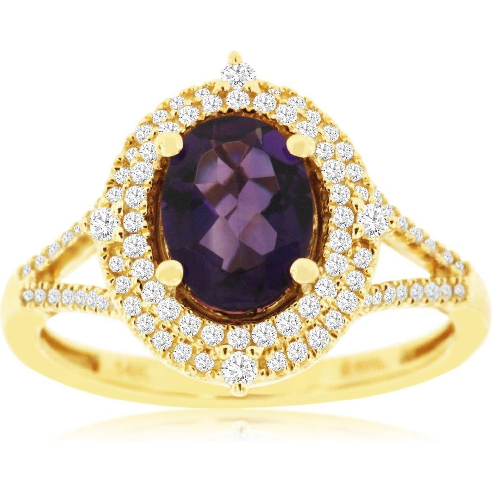14K Yellow Gold Split-Shank Halo Ring with Oval Amethyst and Round Diamonds - 1.10 Carat Amethyst and 0.33 Carat Total Diamond Weight - Royal Jewelry