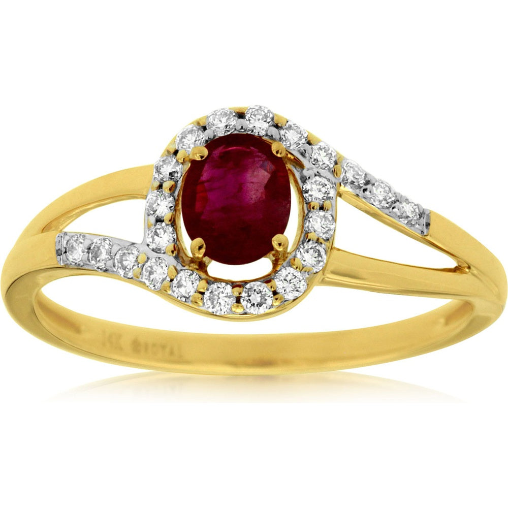 14K Yellow Gold Split Shank Halo Ring with Oval Ruby and Round Diamonds - 0.40 Carat Ruby and 0.18 Carat Total Diamond Weight - Royal Jewelry