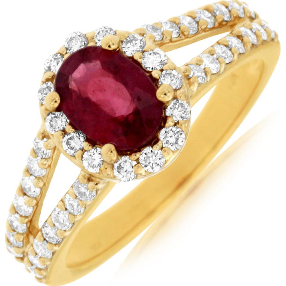 14K Yellow Gold Split Shank Halo Ring with Oval Ruby and Round Diamonds - 0.90 Carat Ruby & 0.65 Carat Diamond Weight - Royal Jewelry