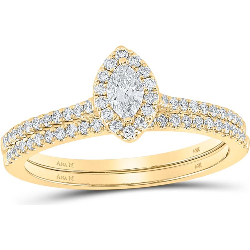 14K Yellow Gold Split Shank Marquise and Round Diamond Halo Bridal Wedding Ring Set - 0.50 Carat Total Diamond Weight (Certified)