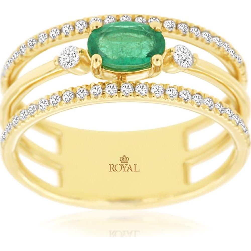 14K Yellow Gold Split Shank Ring with 0.45 Carat Oval Emerald and 0.33 Carat Total Weight Round Diamonds - Royal Jewelry
