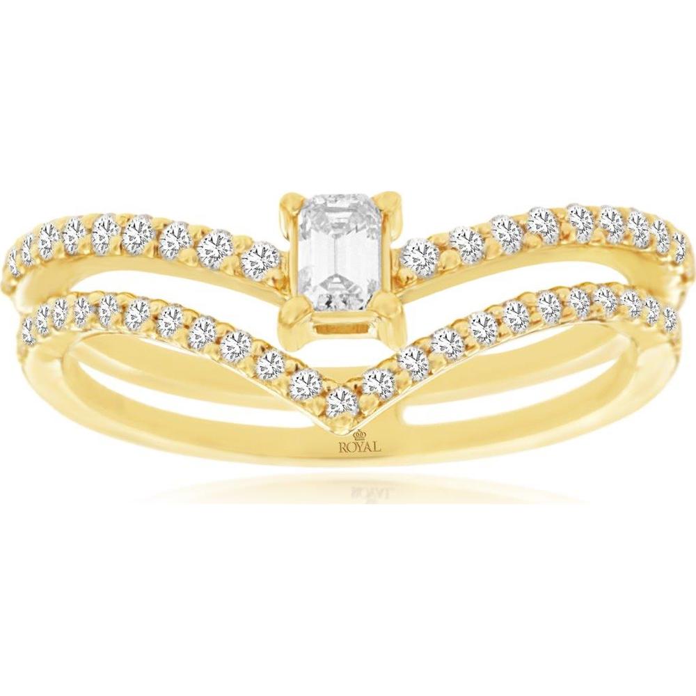 14K Yellow Gold Split Shank Ring with 0.50 Carat Emerald Cut Center Diamond and Round Accent Diamonds - Royal Jewelry