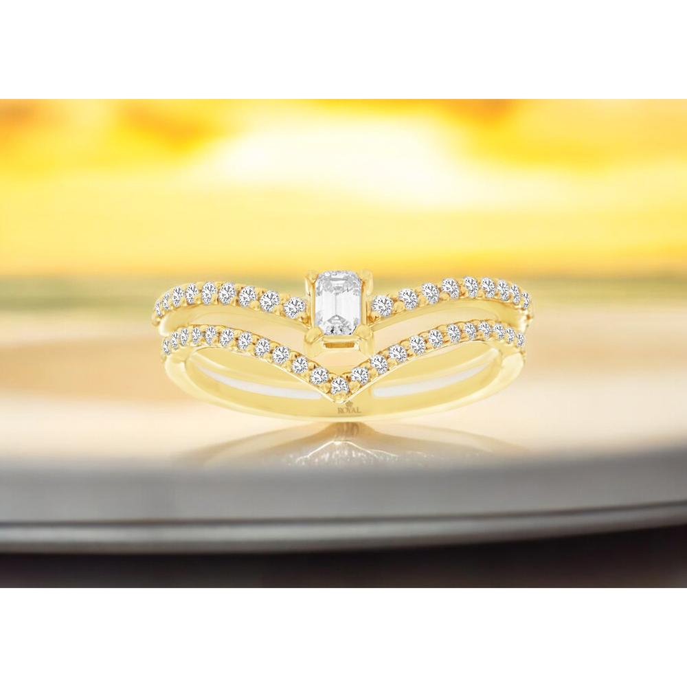 14K Yellow Gold Split Shank Ring with 0.50 Carat Emerald Cut Center Diamond and Round Accent Diamonds - Royal Jewelry
