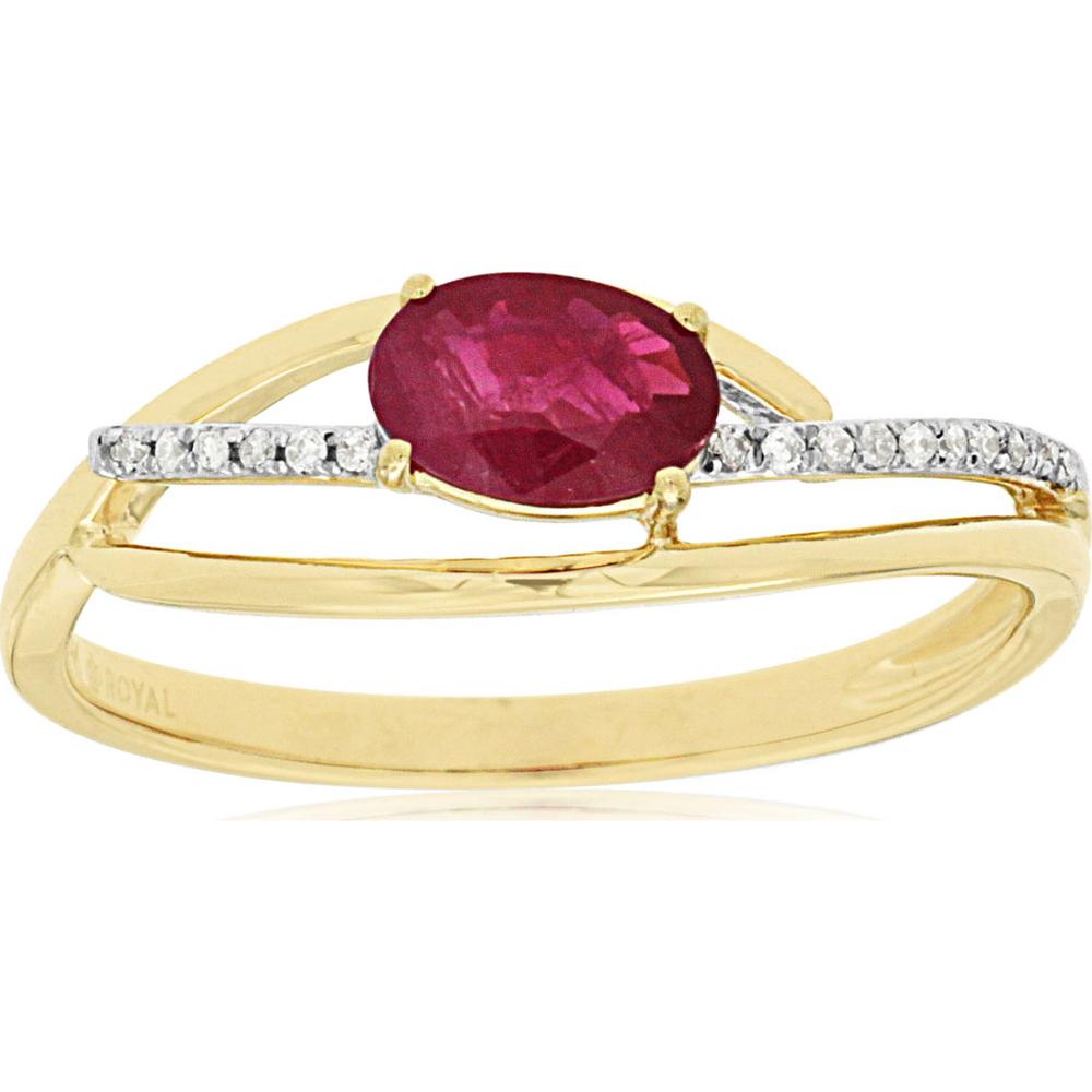 14K Yellow Gold Split Shank Ring with 0.55 Carat Oval Ruby and 0.05 Carat Round Diamond Accents - Royal Jewelry