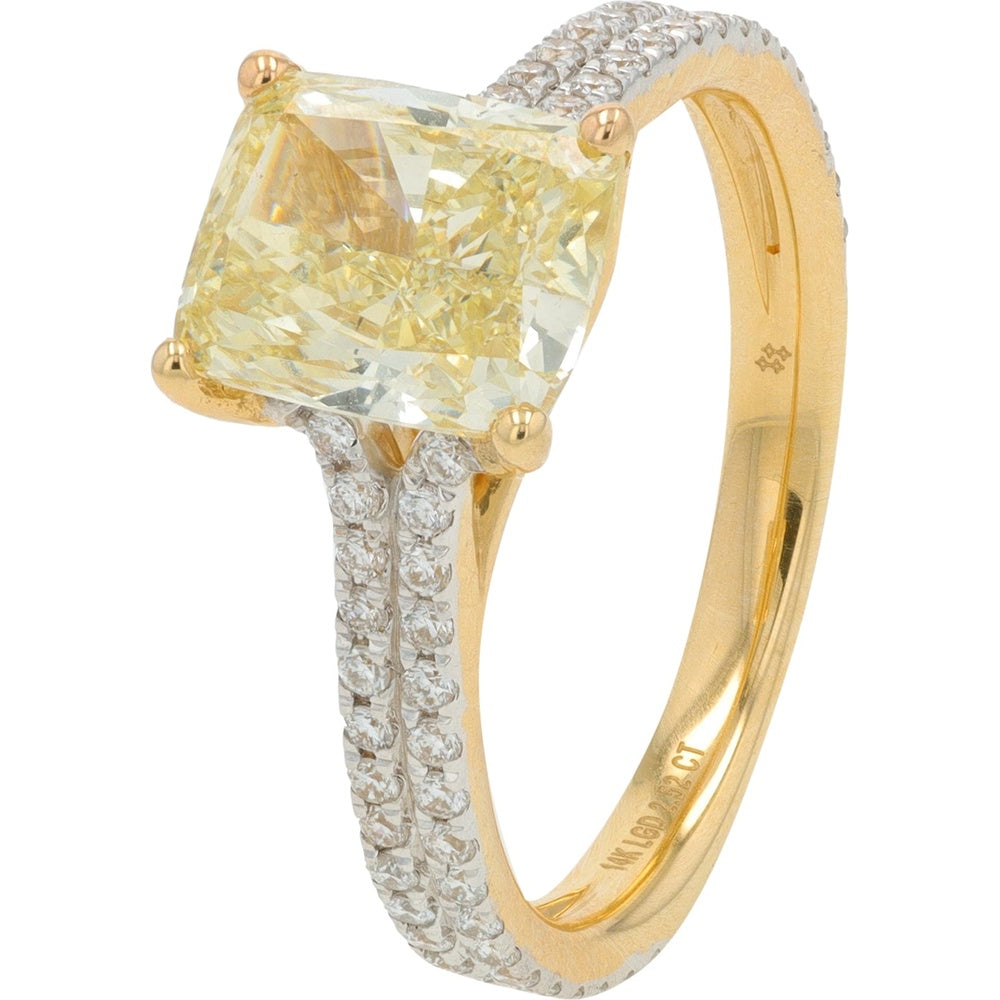 14K Yellow Gold Split Shank Ring with 2.07 Carat Radiant Cut Lab Grown Yellow Diamond and Accent White Diamonds - 2.52 Carat Total Diamond Weight