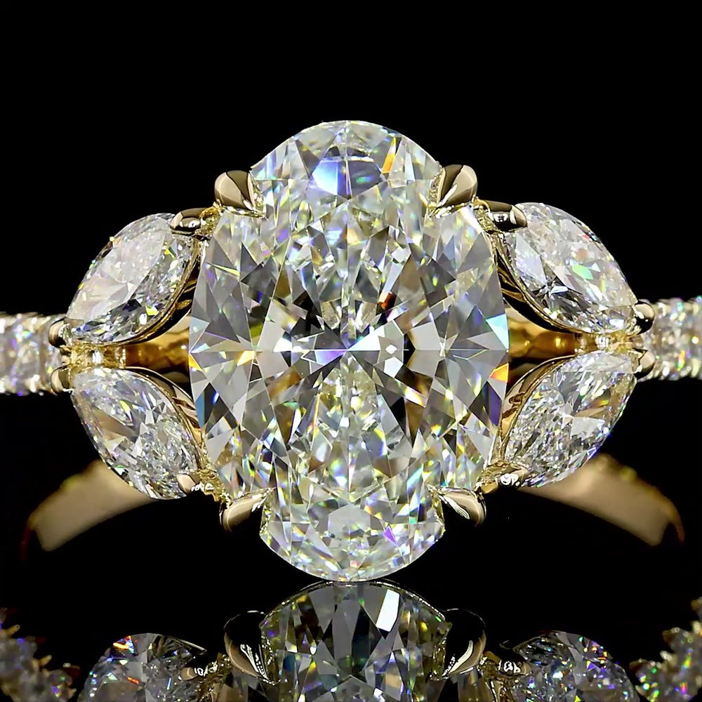14K Yellow Gold Split Shank Ring with 2.53 Carat Oval Cut Lab Diamond and Marquise Accents - 3.59 Carat Total Diamond Weight - Covaloro Fine Jewelry
