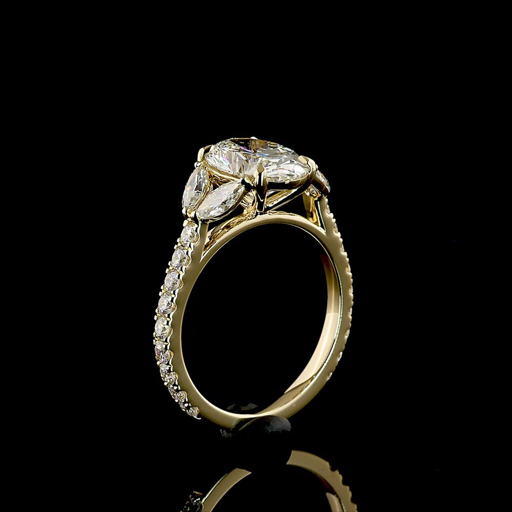 14K Yellow Gold Split Shank Ring with 2.53 Carat Oval Cut Lab Diamond and Marquise Accents - 3.59 Carat Total Diamond Weight - Covaloro Fine Jewelry