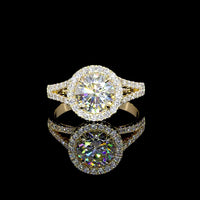 14K Yellow Gold Split Shank Ring with 3.25 Carat Round Brilliant Cut Lab Diamond and Halo Setting - 3.90 Total Carat Weight - Covaloro Fine Jewelry
