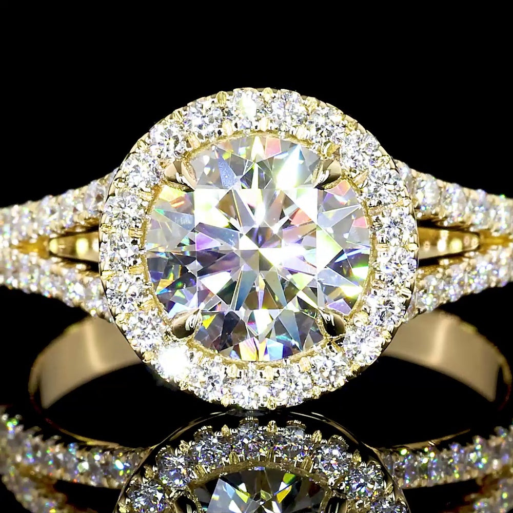 14K Yellow Gold Split Shank Ring with 3.25 Carat Round Brilliant Cut Lab Diamond and Halo Setting - 3.90 Total Carat Weight - Covaloro Fine Jewelry