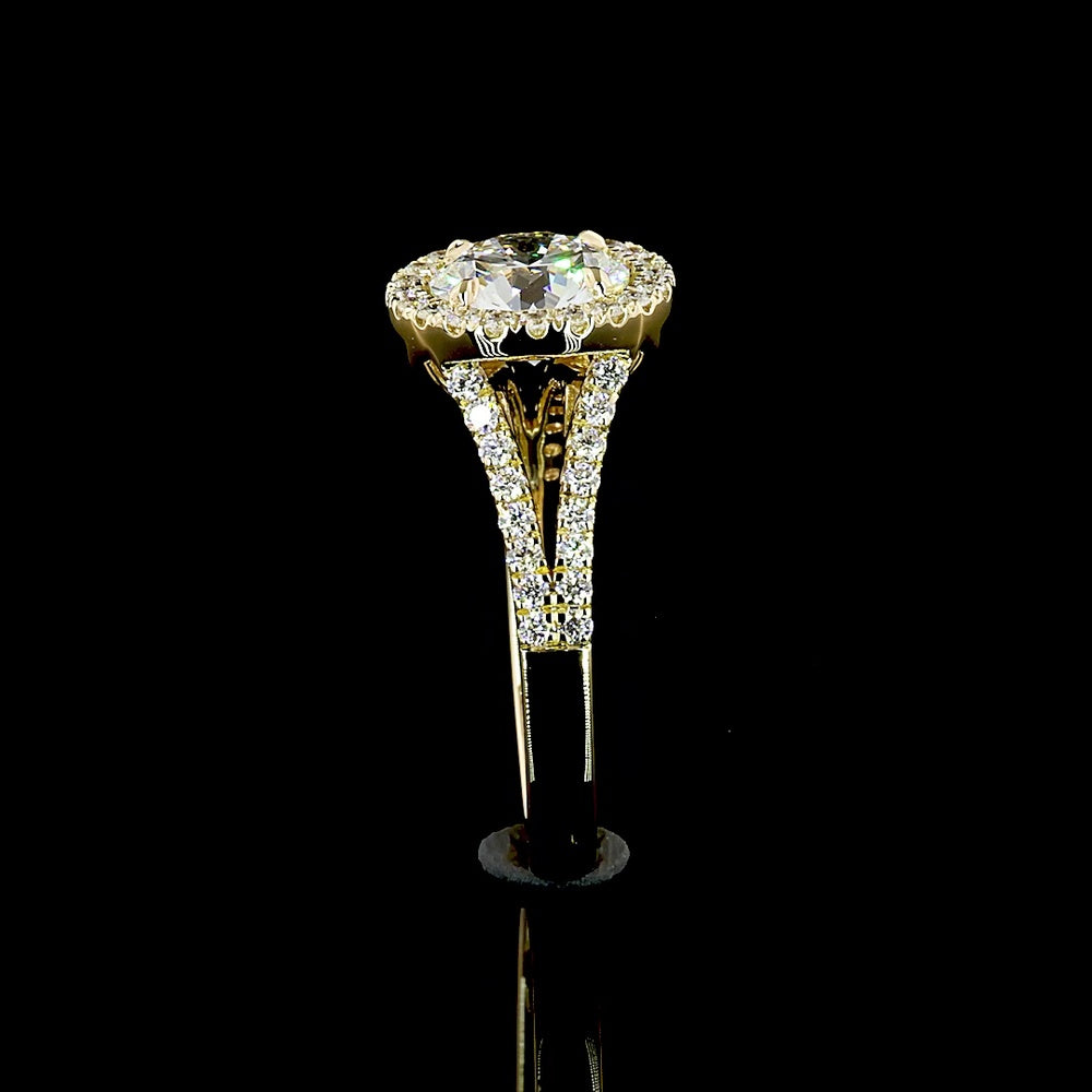 14K Yellow Gold Split Shank Ring with 3.25 Carat Round Brilliant Cut Lab Diamond and Halo Setting - 3.90 Total Carat Weight - Covaloro Fine Jewelry