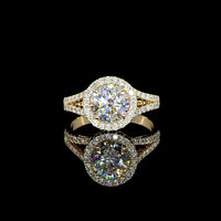 14K Yellow Gold Split Shank Ring with 4.21 Carat Round Lab Diamond Center and Double Halo - 4.96 Carat Total Diamond Weight - Covaloro Fine Jewelry