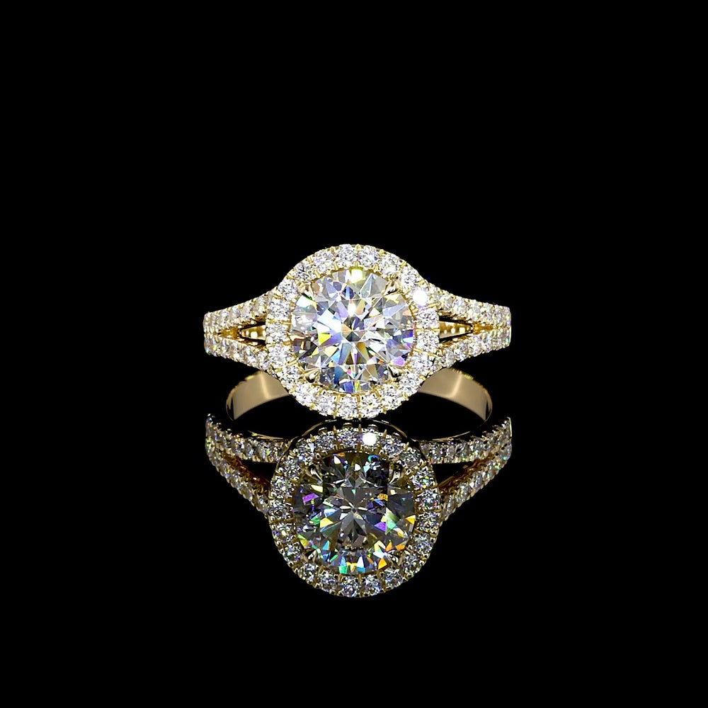 14K Yellow Gold Split Shank Ring with 4.21 Carat Round Lab Diamond Center and Double Halo - 4.96 Carat Total Diamond Weight - Covaloro Fine Jewelry