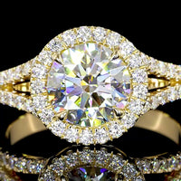 14K Yellow Gold Split Shank Ring with 4.21 Carat Round Lab Diamond Center and Double Halo - 4.96 Carat Total Diamond Weight - Covaloro Fine Jewelry