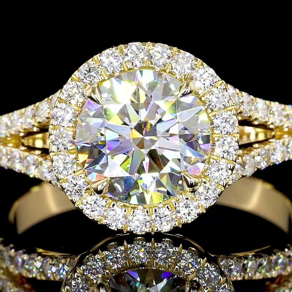 14K Yellow Gold Split Shank Ring with 4.21 Carat Round Lab Diamond Center and Double Halo - 4.96 Carat Total Diamond Weight - Covaloro Fine Jewelry