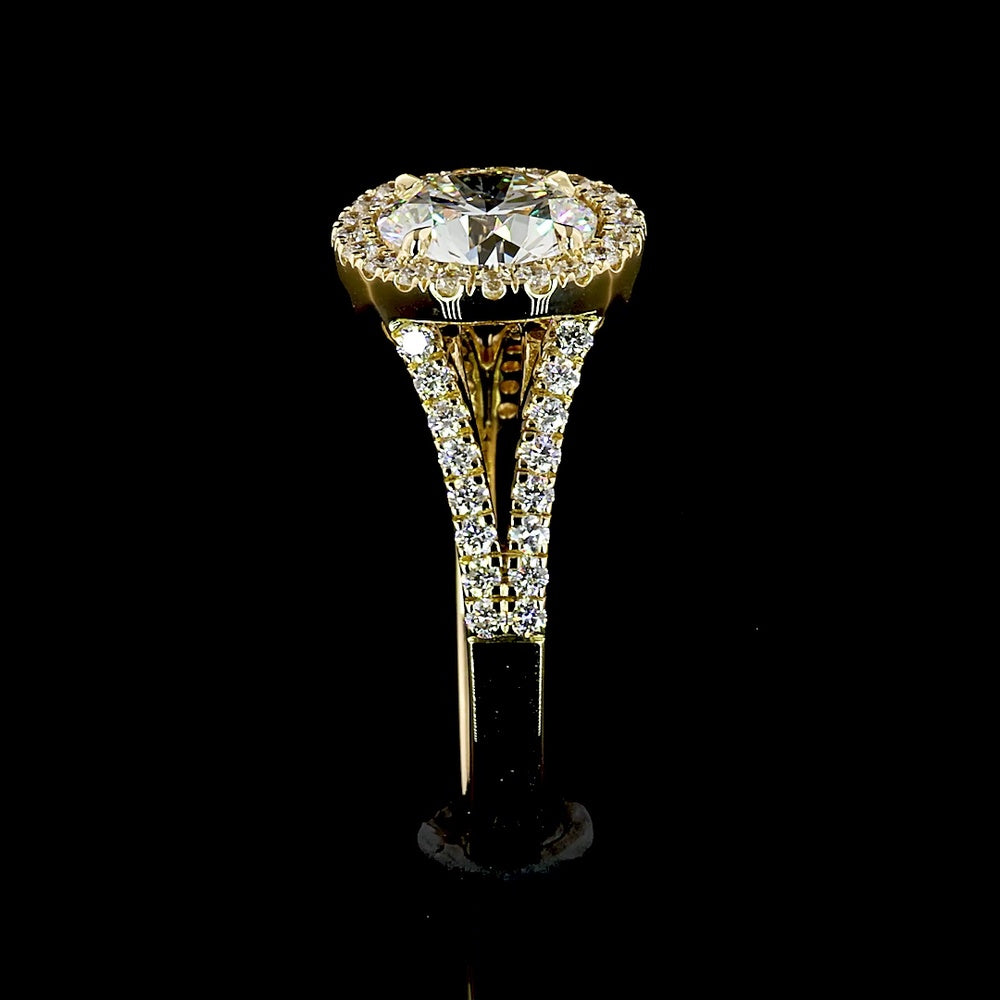 14K Yellow Gold Split Shank Ring with 4.21 Carat Round Lab Diamond Center and Double Halo - 4.96 Carat Total Diamond Weight - Covaloro Fine Jewelry