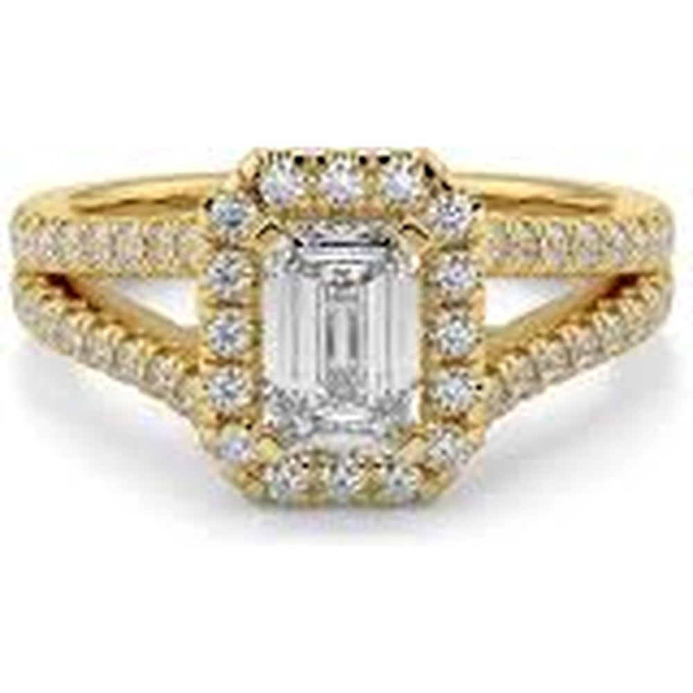 14K Yellow Gold Split Shank Ring with 8.17 Carat Emerald Cut Lab Diamond Halo and 0.89 Carat Accent Diamonds - 9.06 Total Carat Weight - Covaloro Fine Jewelry