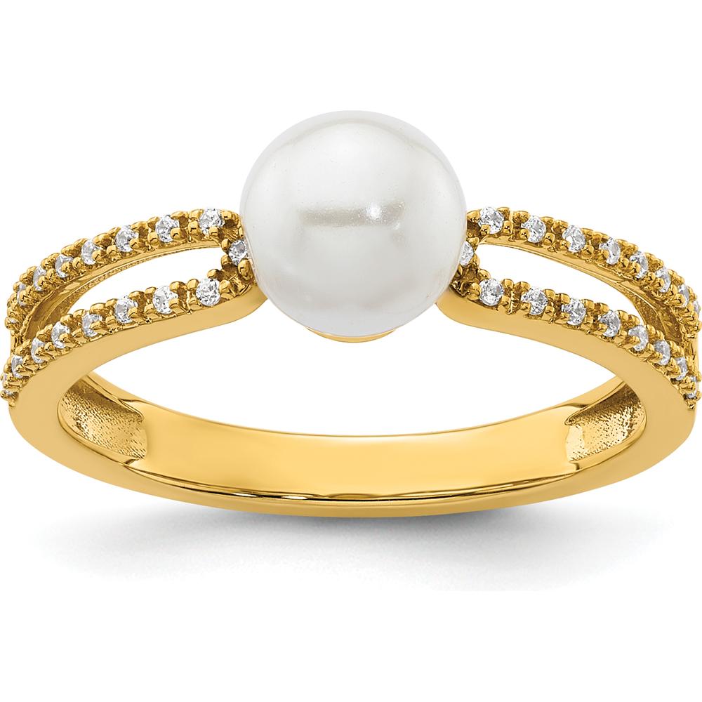 14K Yellow Gold Split Shank Ring with Cultured Freshwater Pearl and 0.10 Carat Round Diamond Accents by 0