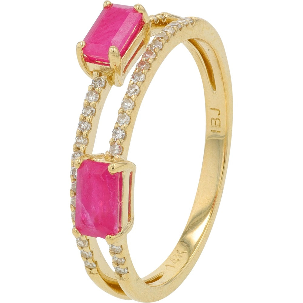 14K Yellow Gold Split Shank Ring with Emerald-Cut Rubies and Pavé Diamond Accents - 0.15 Carat Total Diamond Weight and 0.60-0.85 Carat Total Ruby Weight