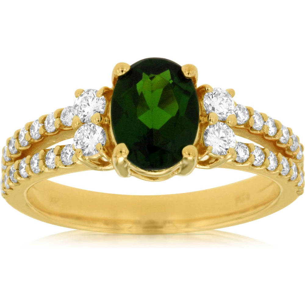 14K Yellow Gold Split Shank Ring with Oval 1.30 Carat Russalite and Round Diamond Accents - 0.65 Carat Total Diamond Weight - Royal Jewelry