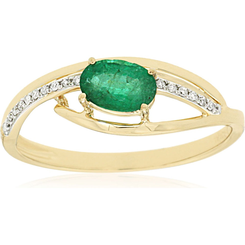 14K Yellow Gold Split Shank Ring with Oval-Cut Emerald and Pave-Set Diamond Accents - 0.45 Carat Emerald Weight and 0.05 Carat Diamond Total Weight - Royal Jewelry