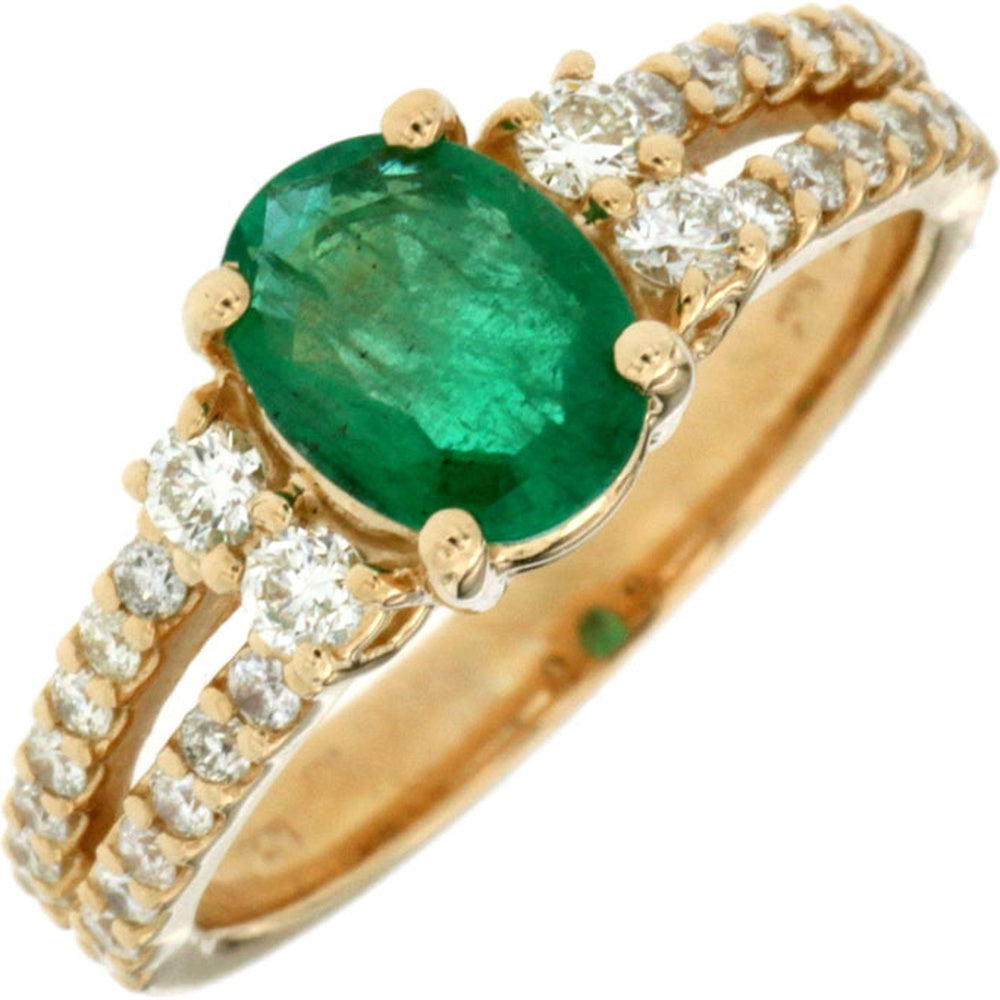 14K Yellow Gold Split Shank Ring with Oval Emerald and Round Diamonds - 1.10 Carat Emerald and 0.65 Carat Total Diamond Weight - Royal Jewelry