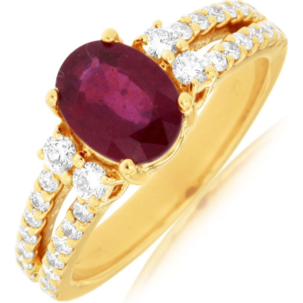 14K Yellow Gold Split Shank Ring with Oval Ruby and Round Diamond Accents - 1.25 Carat Ruby and 0.65 Carat Total Diamond Weight - Royal Jewelry