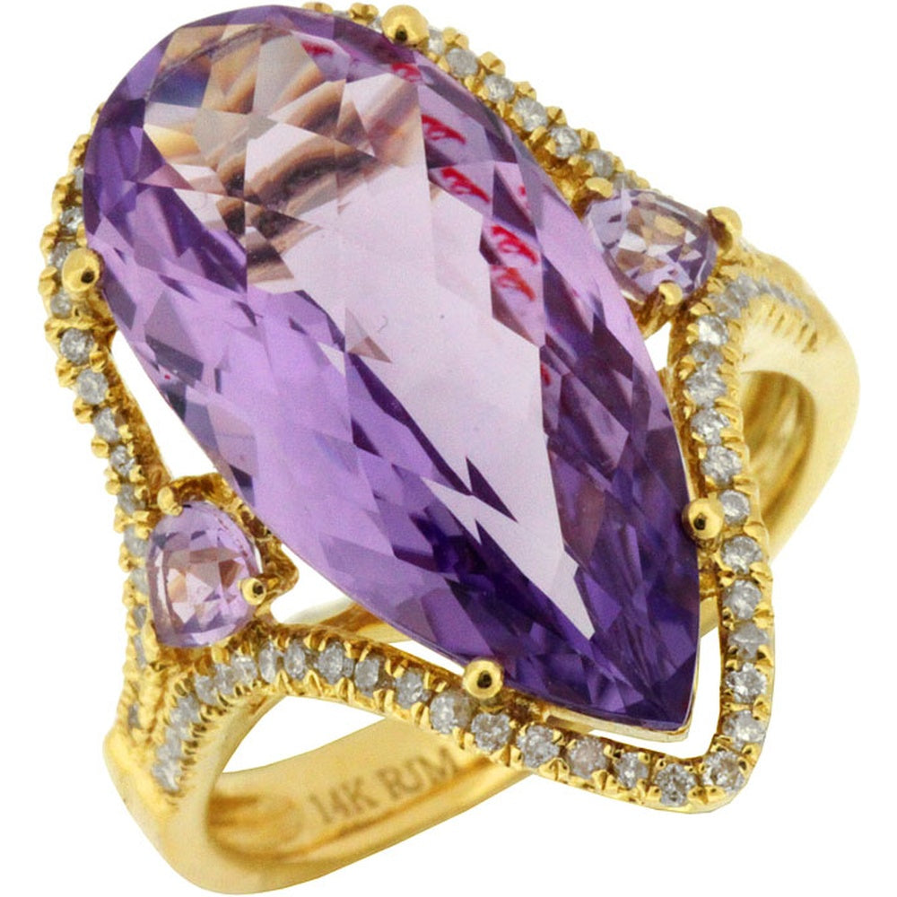 14K Yellow Gold Split Shank Ring with Pear-Shaped Amethyst and Round Diamond Accents - 8.40 Carat Amethyst and 0.28 Carat Total Diamond Weight - Royal Jewelry