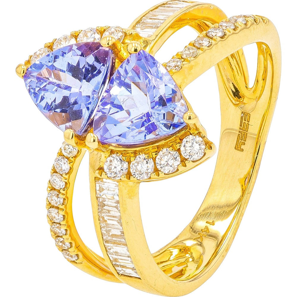 14K Yellow Gold Split Shank Ring with Trillion-Cut Tanzanite and Mixed-Cut Diamond Accents - 1.52 Carat Total Tanzanite Weight and 0.52 Carat Total Diamond Weight
