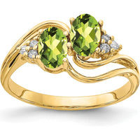 14K Yellow Gold Split Shank Ring with Two 6x4mm Oval Peridots and Diamond Accents - 0.458 Carat Total Gem Weight by Monteluci Fine Jewelry