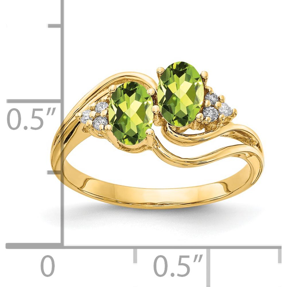 14K Yellow Gold Split Shank Ring with Two 6x4mm Oval Peridots and Diamond Accents - 0.458 Carat Total Gem Weight by Monteluci Fine Jewelry
